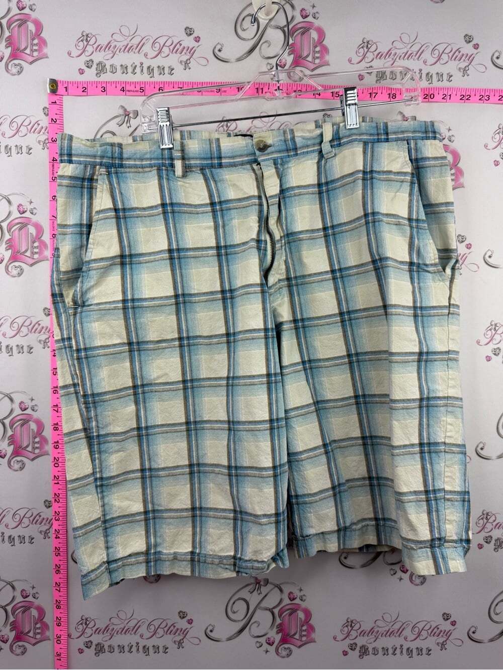 Michael Brandon Cream & Light Blue Plaid Flat Front Shorts